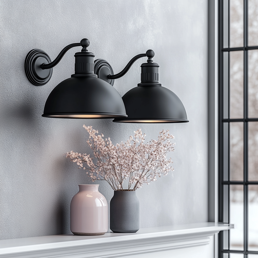 Wall-mounted lights with black shades and LED accents.