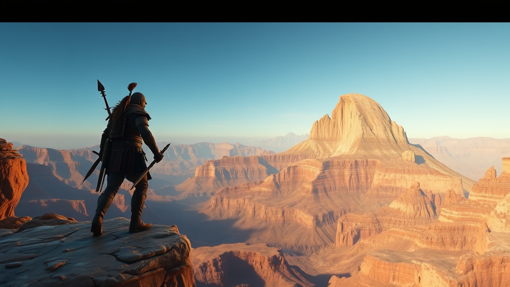 Warrior Overlooking Canyon from Cliff, Surreal View