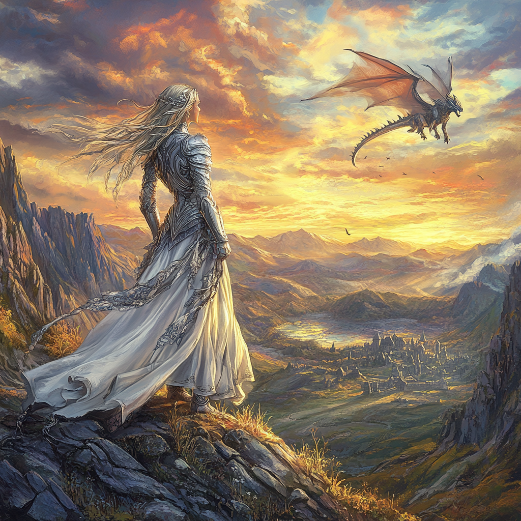 Warrior Princess and Dragon at Sunset Scene