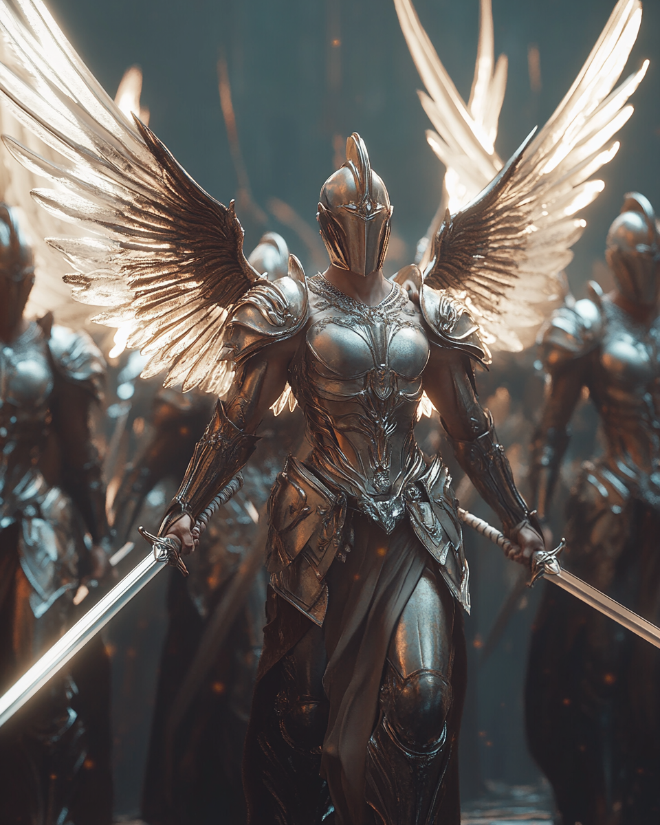 Warrior angels in armor, swords, shining light