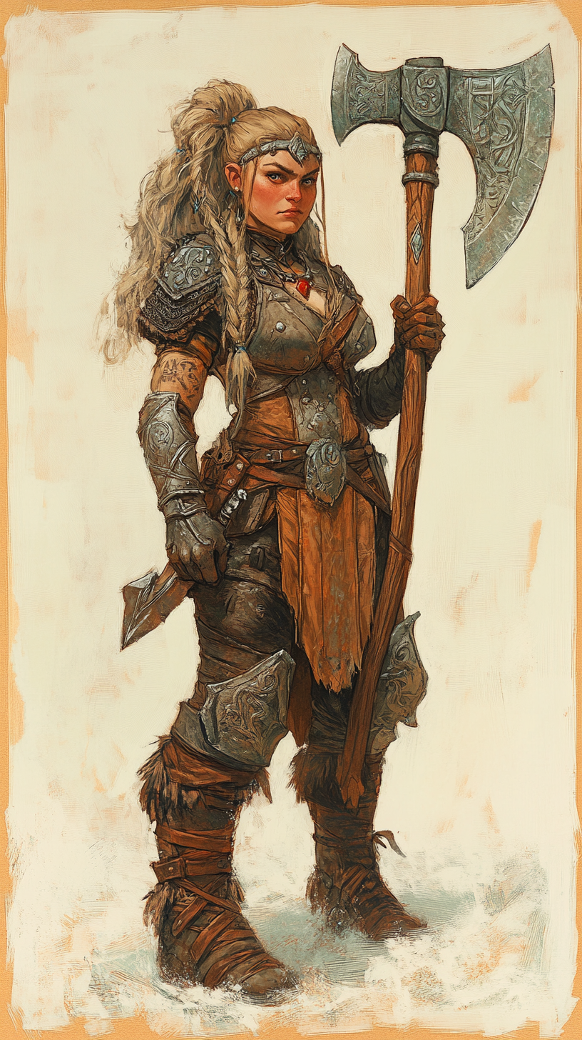 Warrior dwarf woman with giant axe trading card