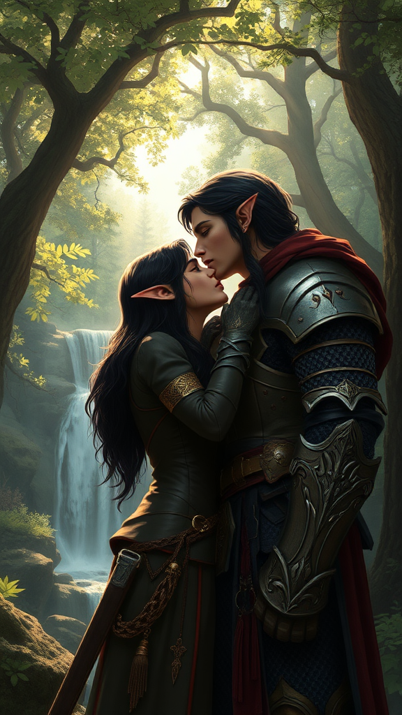 Warrior elf kisses female elf in forest oasis.