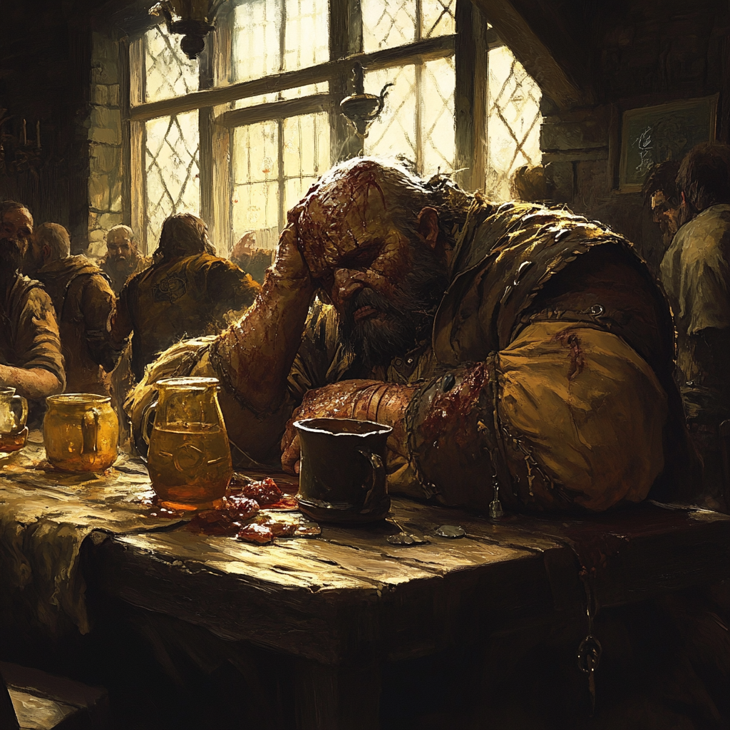 Warrior in Morning Tavern after Long Night Feast