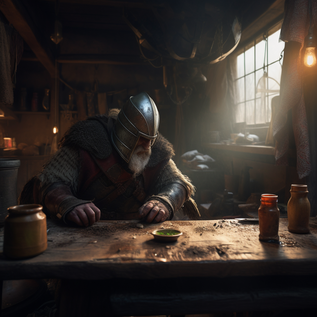 Warrior in medieval tavern at daybreak