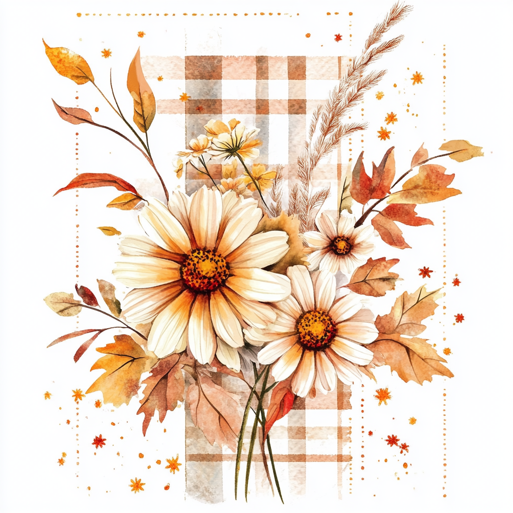 Watercolor handrawn fall bouquet with daisies on white background.