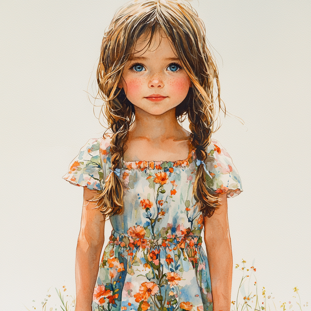 Watercolor illustration of a young girl in dress