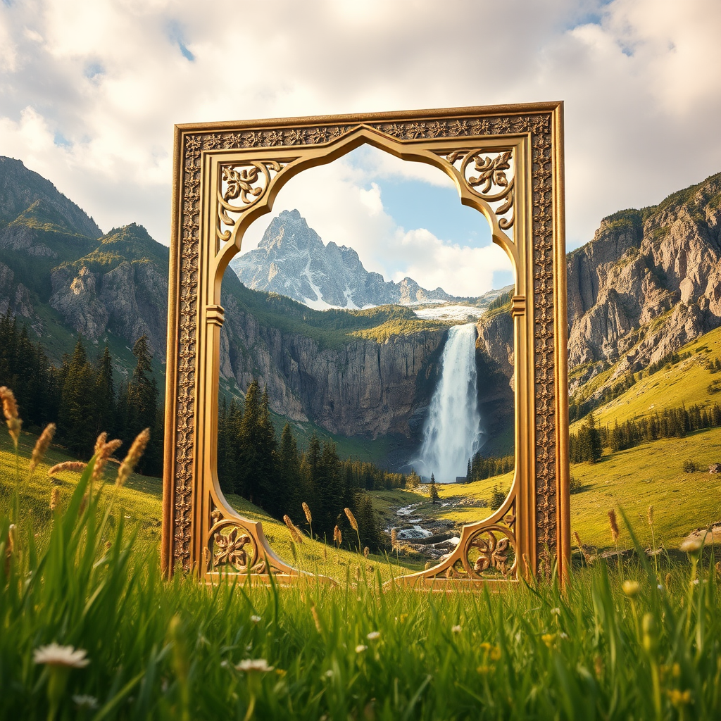 Waterfall next to a frame in meadow.