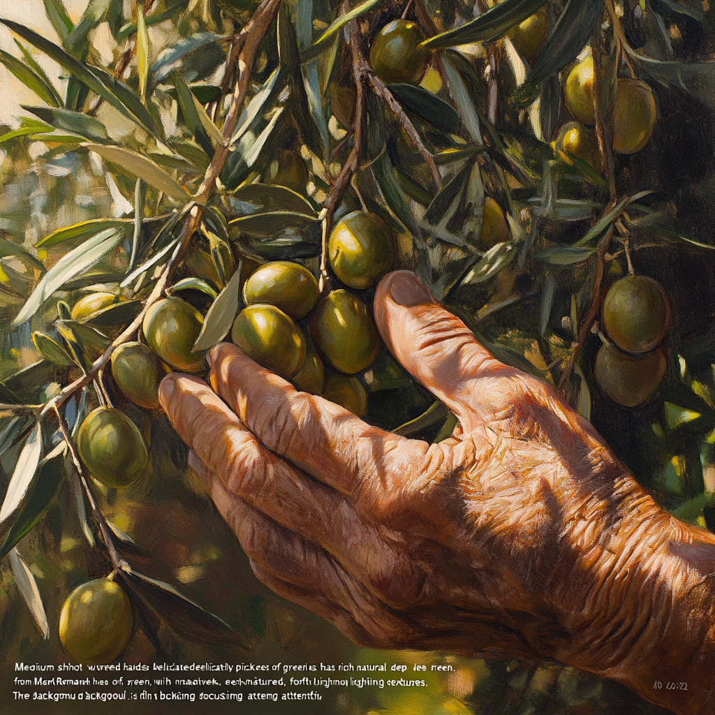 Weathered hands picking green olives under sunlight carefully