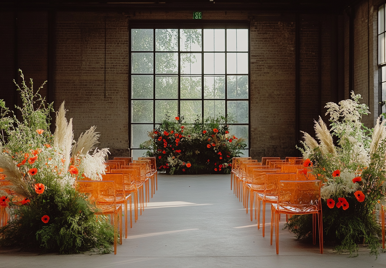 Wedding Decor with Orange Flowers in Old Warehouse