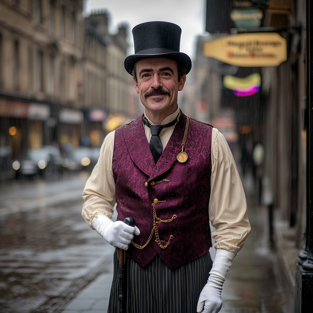 Well dressed man in 1950s Scottish city joyfully in rain