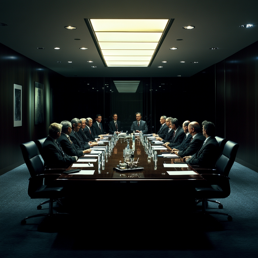 Well lit boardroom with executives in black suits.