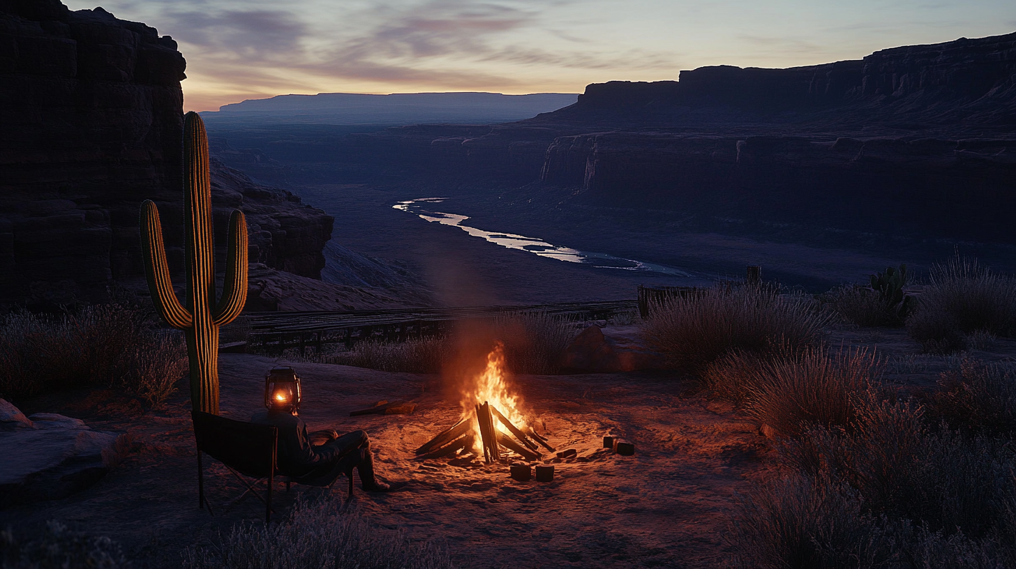 Western campfire scene at dawn, with cactus and lantern.