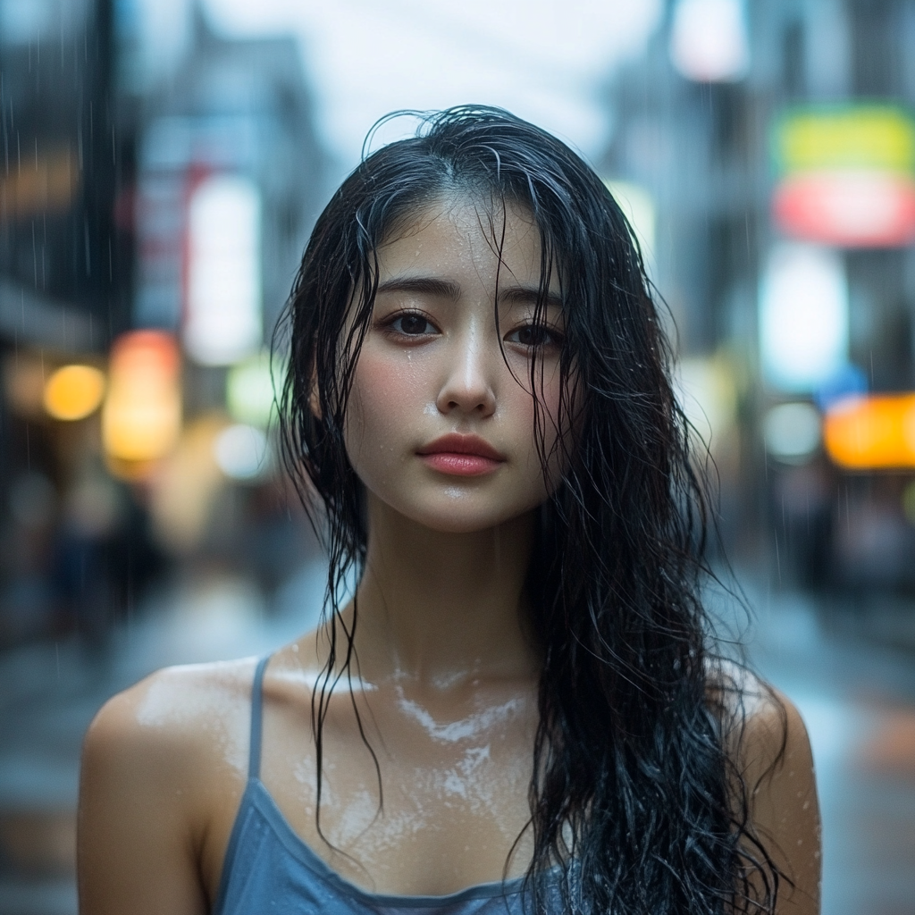 Wet Japanese woman in Tokyo's busy morning rain