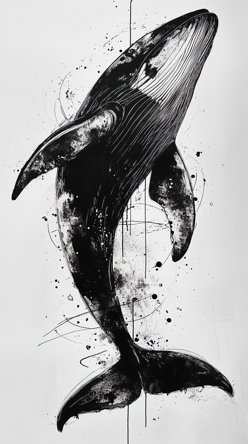 Whale drawn in abstract style with black ink.