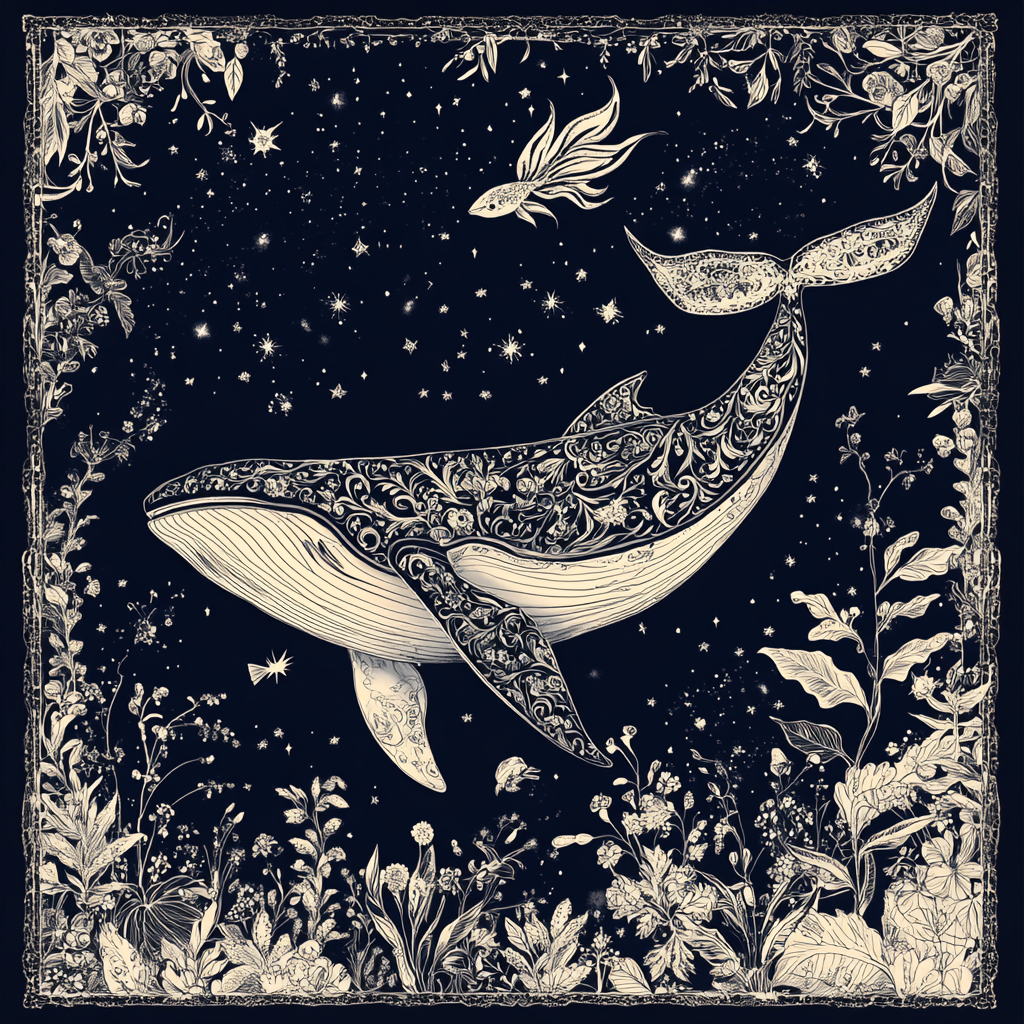 Whale in Starry Night: Stylized Fantasy Artwork