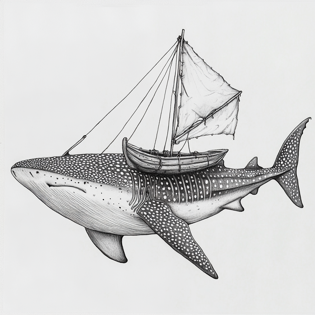 Whale shark with boat sail on its back.