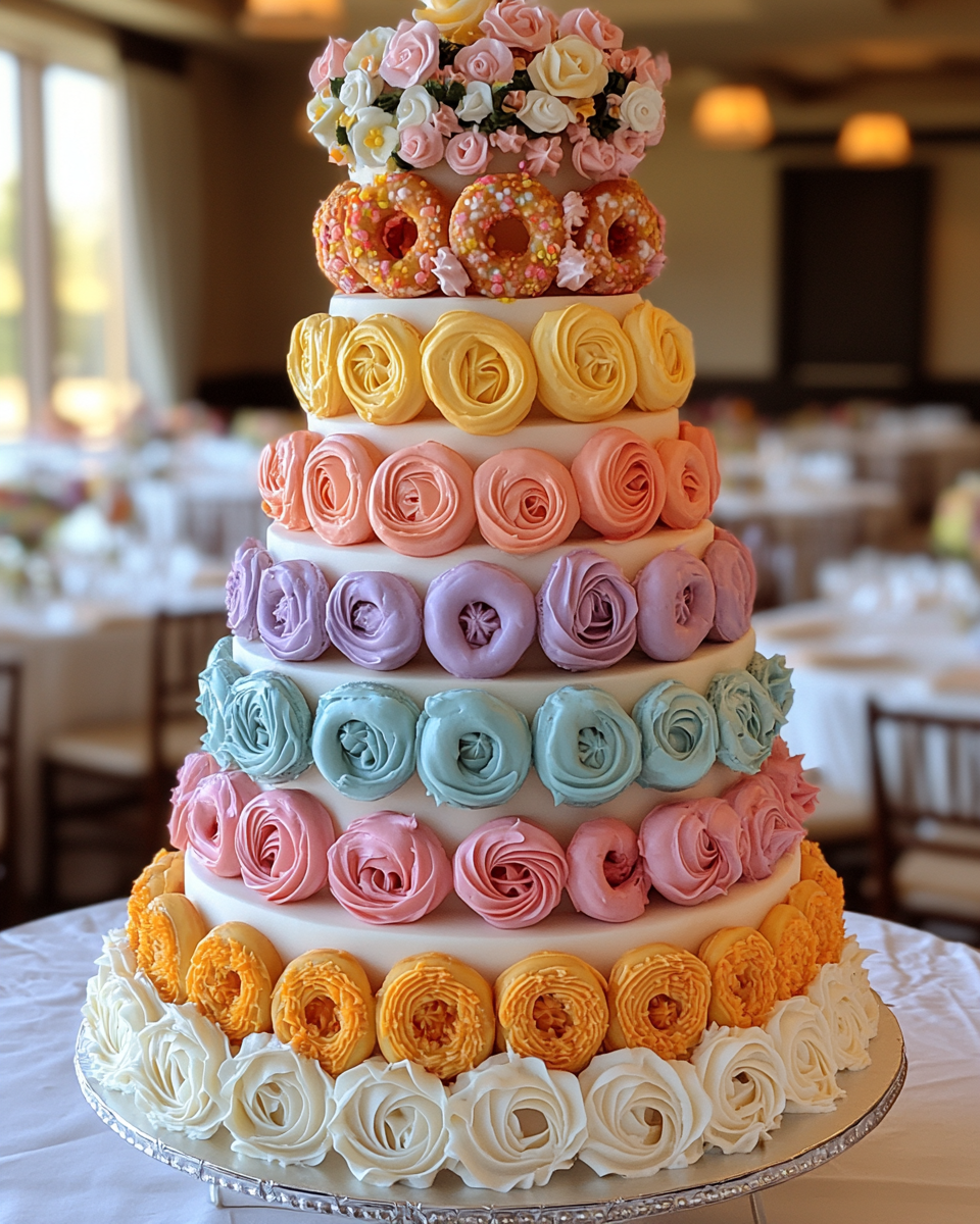 Whimsical Donut Wedding Cake at Birthday Banquet Hall