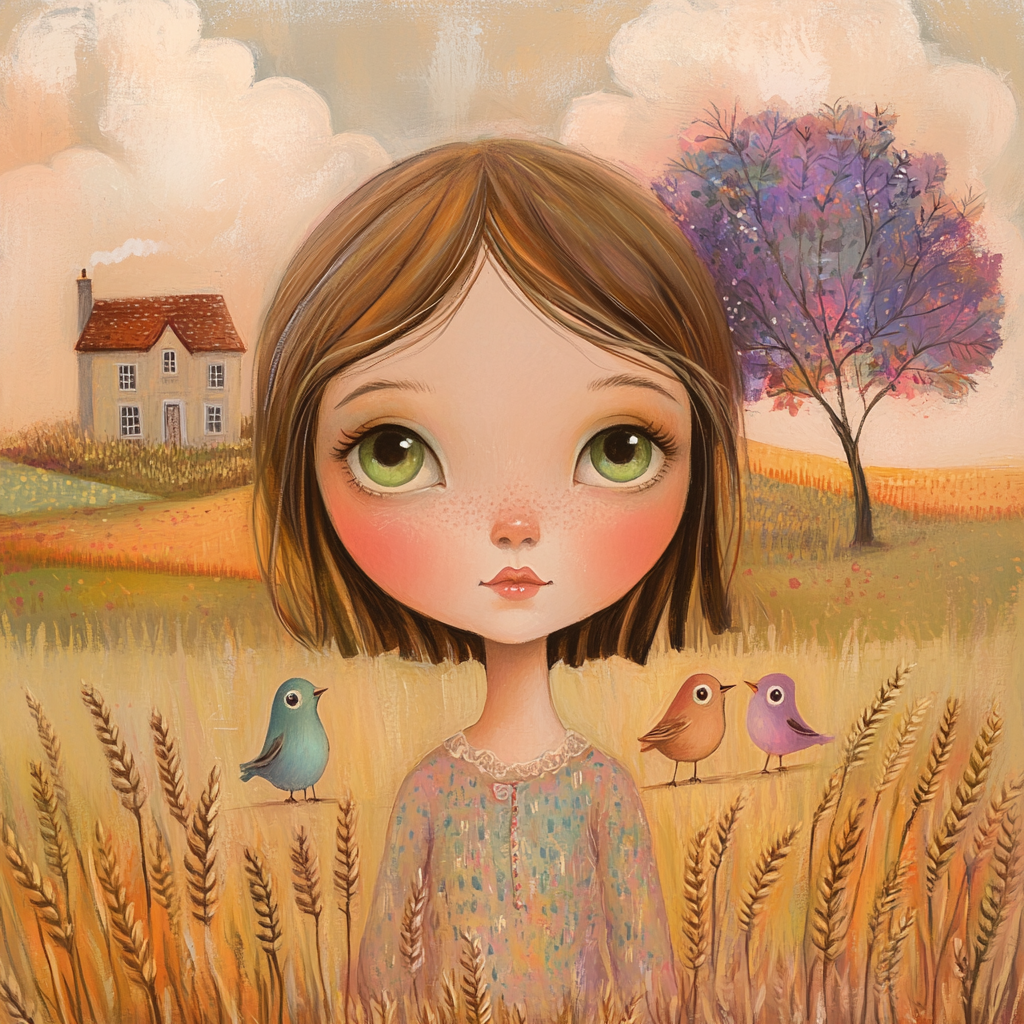 Whimsical Girl Picking Wheat in Country Sunset