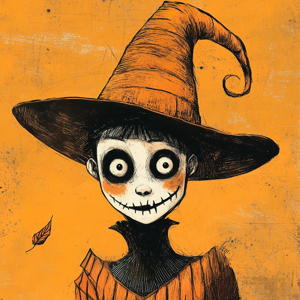 Whimsical Halloween character portrait with pumpkin hat