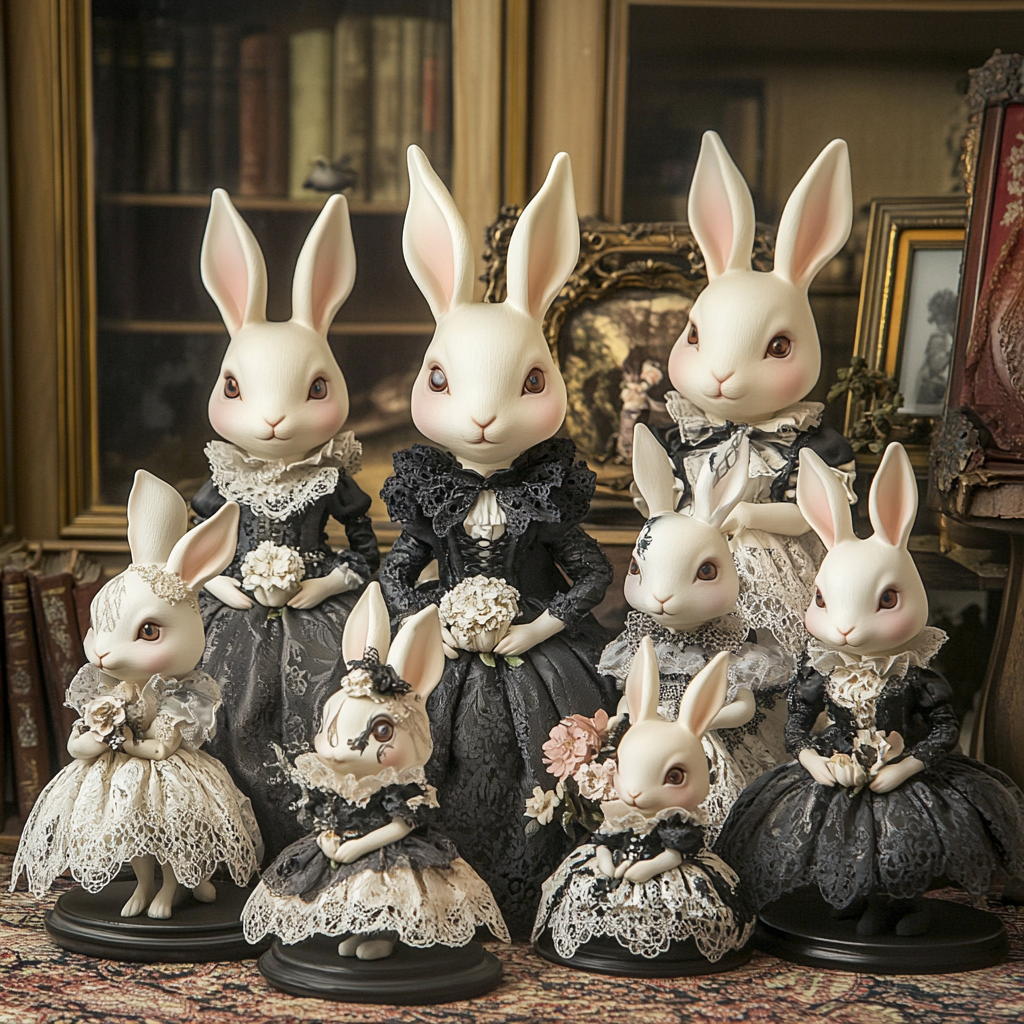 Whimsical Victorian Rabbit Figure Set with Enchanted Background