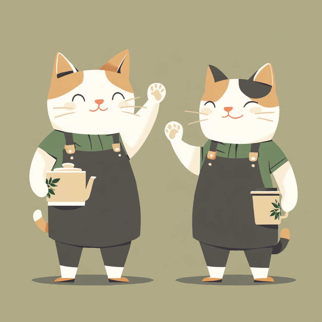 Whimsical cat barista with tea leaves face design