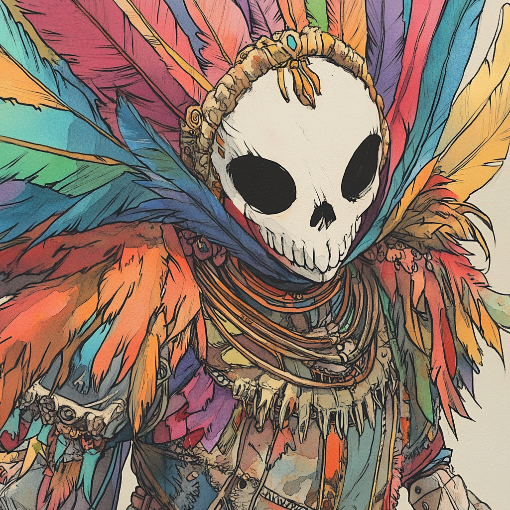 Whimsical female shaman in skull mask