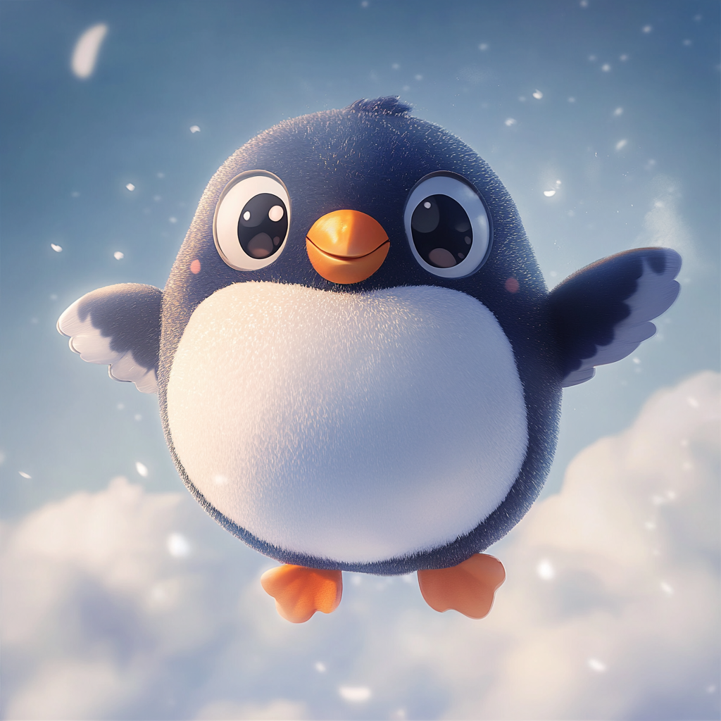 Whimsical penguin dances under fluffy, pastel skies