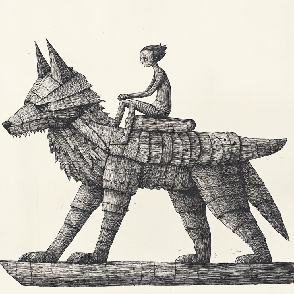 Whimsical person rides wooden wolf in surreal setting.