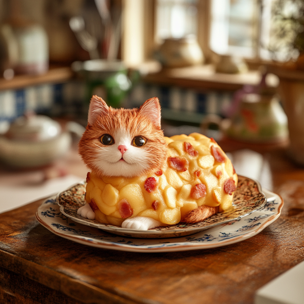 Whimsical scene with cat resembling tartiflette ingredients.