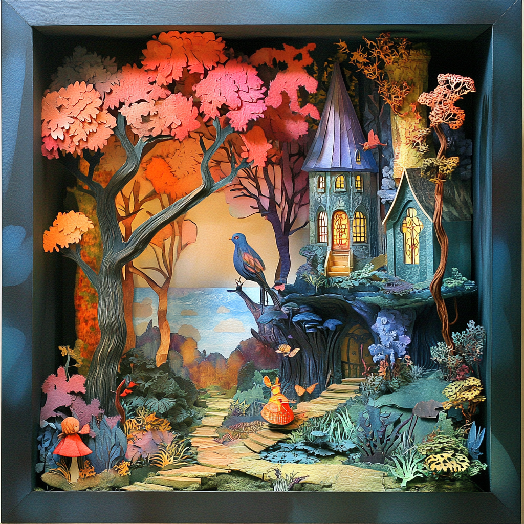 Whimsical shadow box diorama with cut-out illustrations