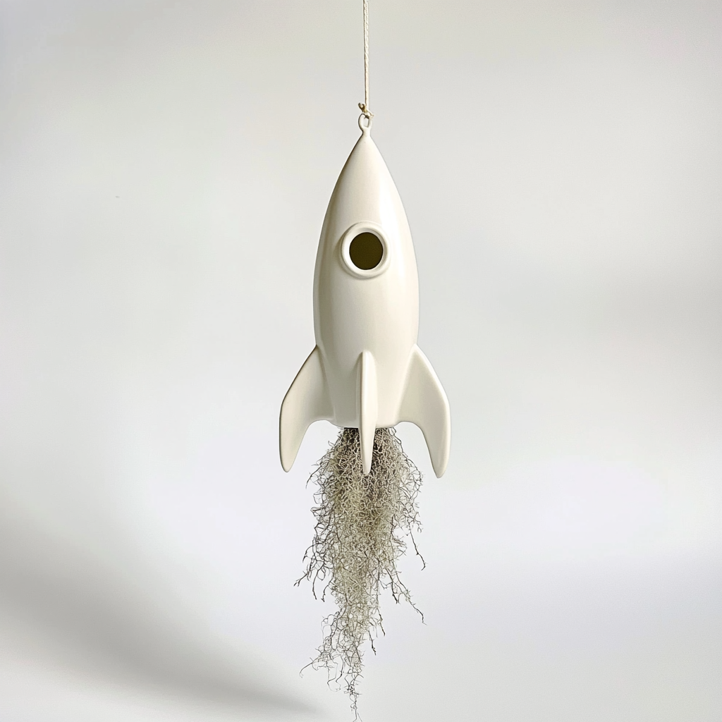 Whimsical white rocket ornament with Spanish moss hanging.