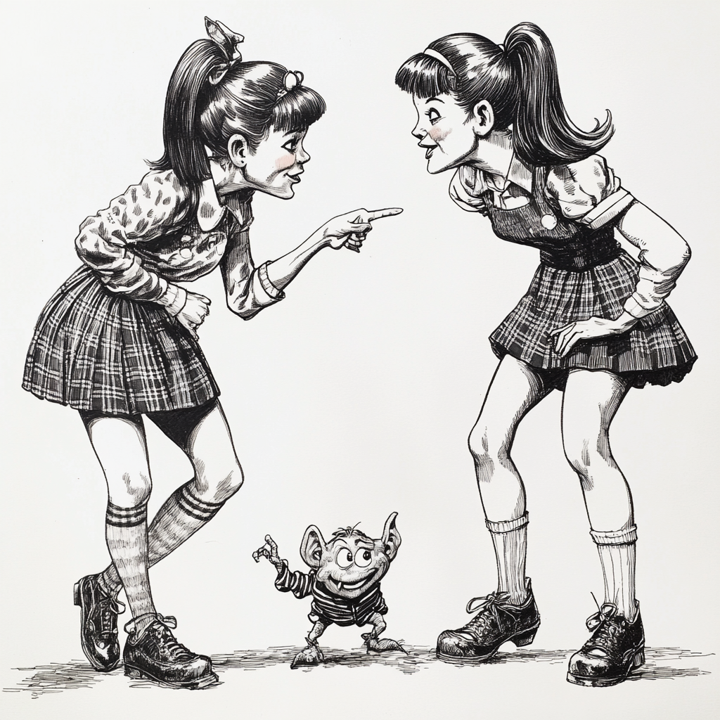 Whispering schoolgirls discover small alien, humorous pen drawing