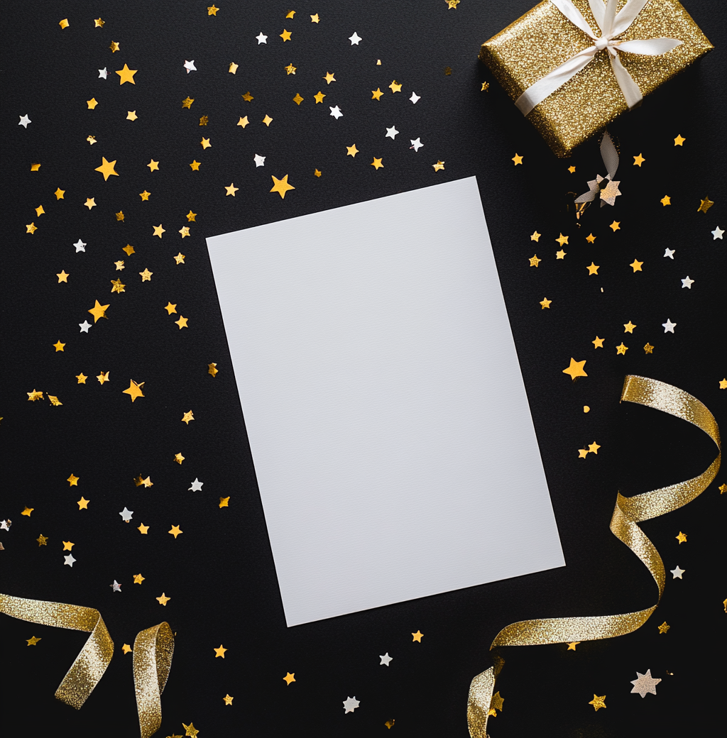 White Blank Card Mockup with Gold Ribbon