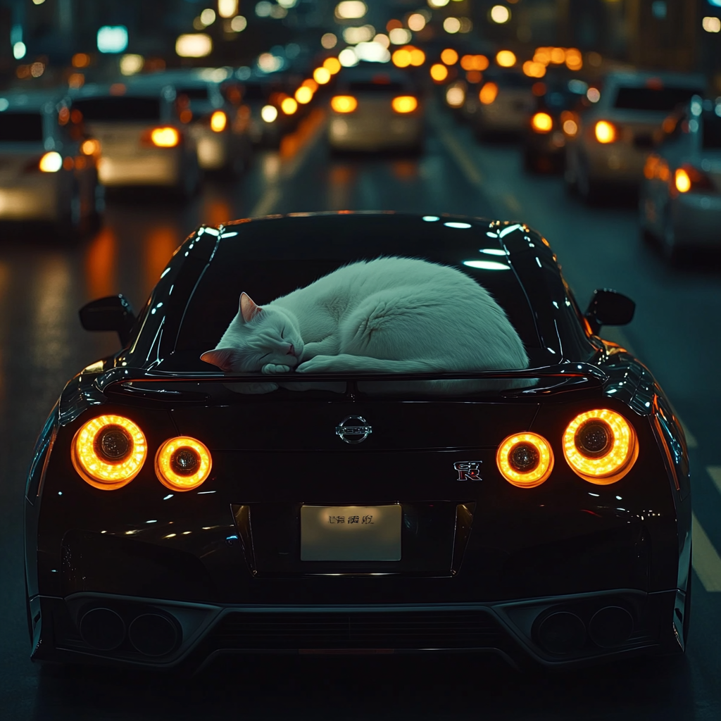 White Cat Sleeps on Black Nissan on Empty Road