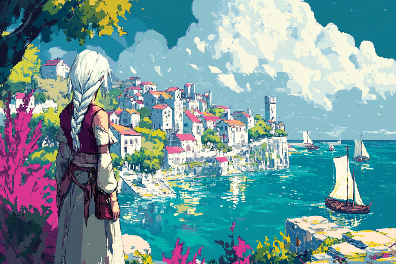 White-Haired Adventurer in Colorful Fantasy Village Game