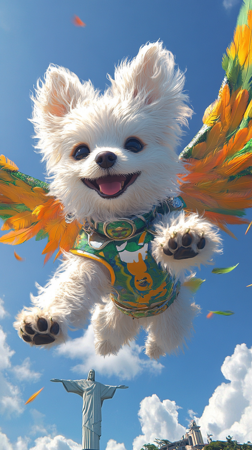 White Pomeranian Hero Soars by Christ the Redeemer