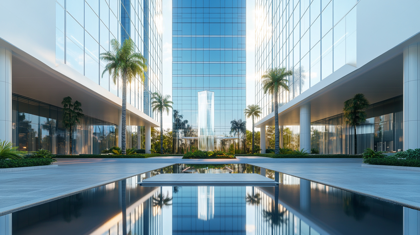 White building with clear bottom lobby and center divide