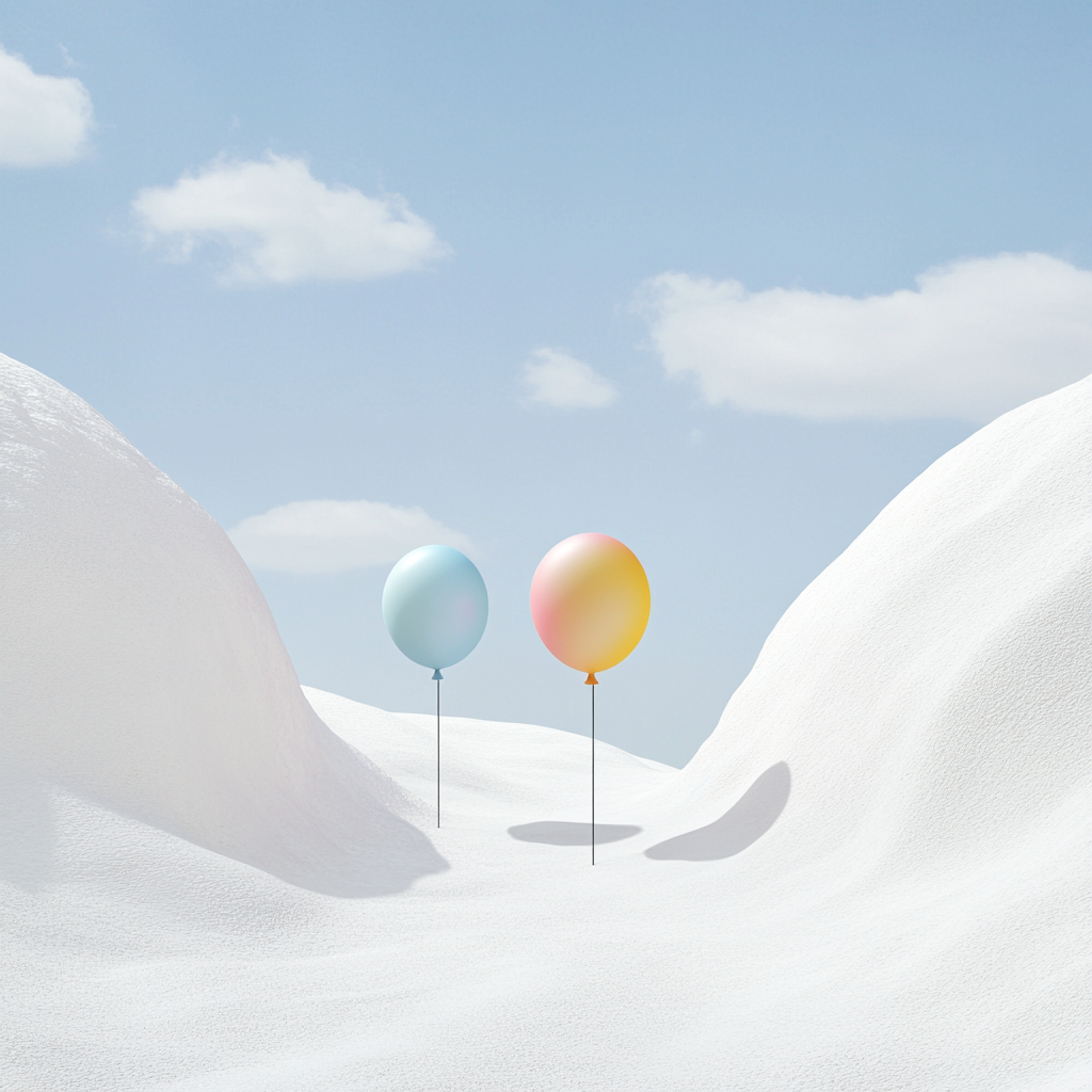 White landscape, vibrant alphabet balloons, educational, inspiring setting.