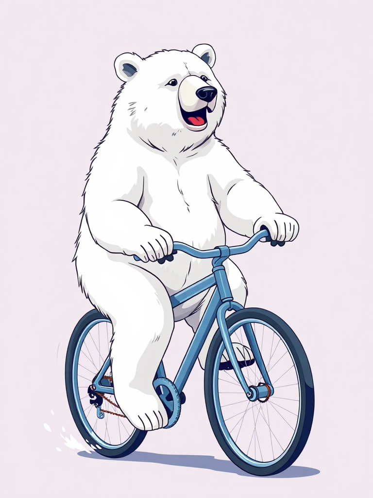 White lazy bear riding colorful bicycle in 2D.