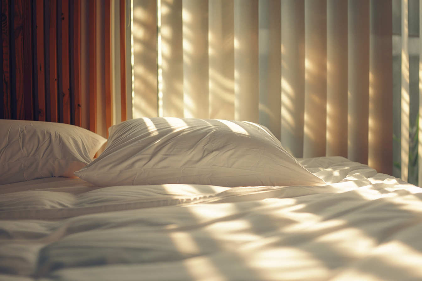 White pillow on neatly made hotel bed illuminated softly