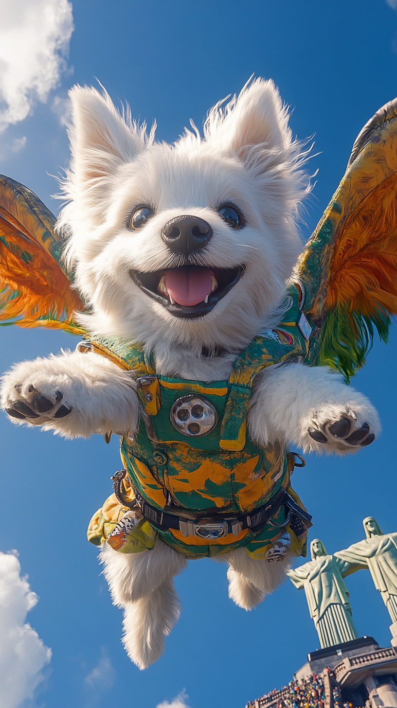 White pomeranian superhero soaring by Christ the Redeemer