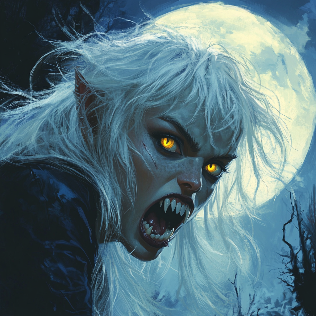 Wild-haired girl with sharp teeth under moonlight