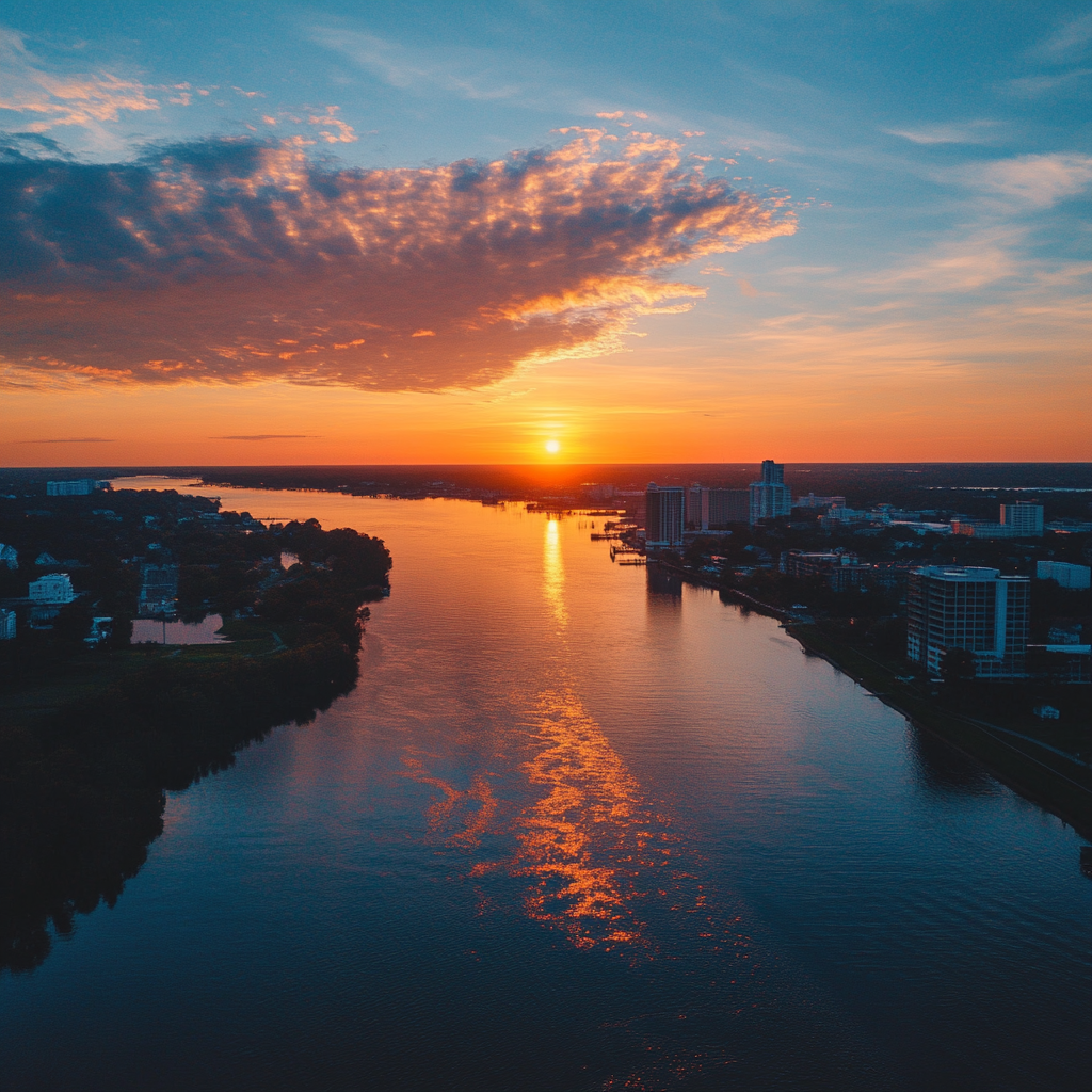 Wilmington skyline during sunset, warm colors, vibrant Instagram photo.