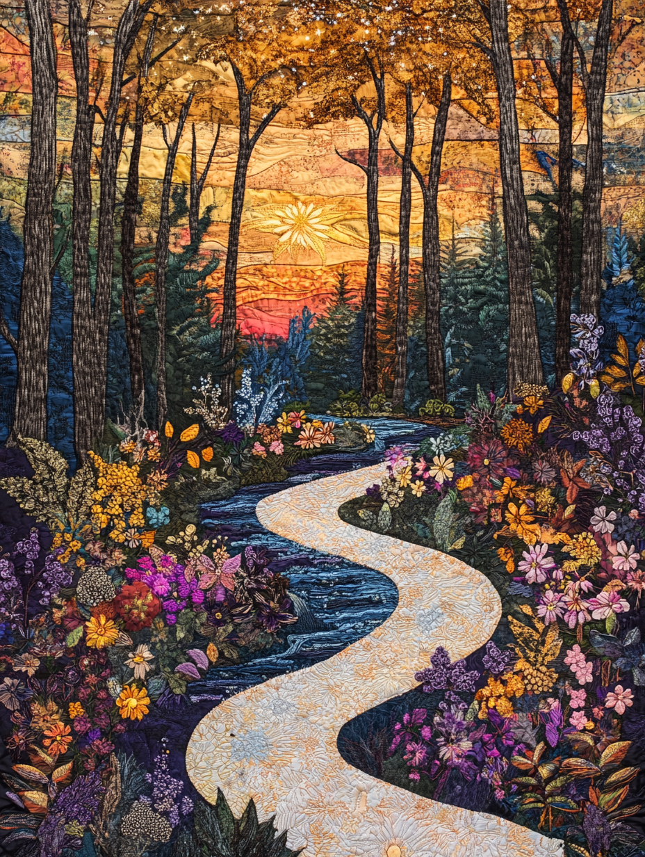 Winding Path through Woods with Stars and Flowers