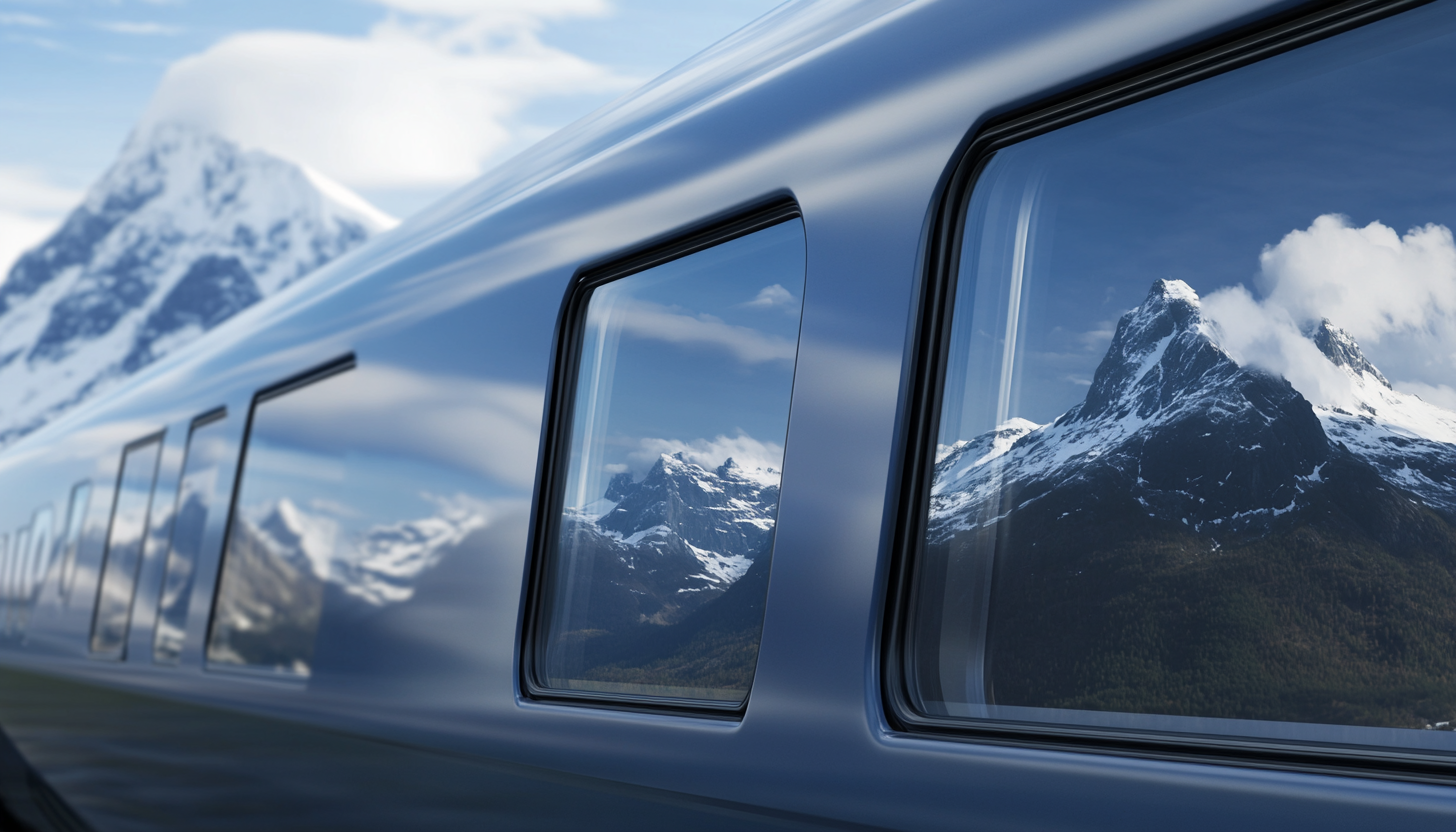 Windows of Speed Train Reflecting Norwegian Mountains, Close-up