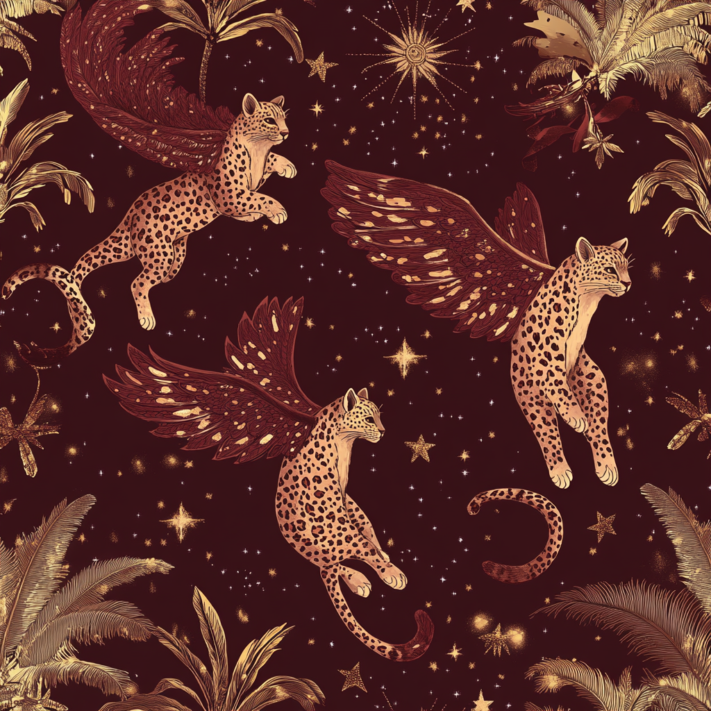 Winged leopards flying in night sky