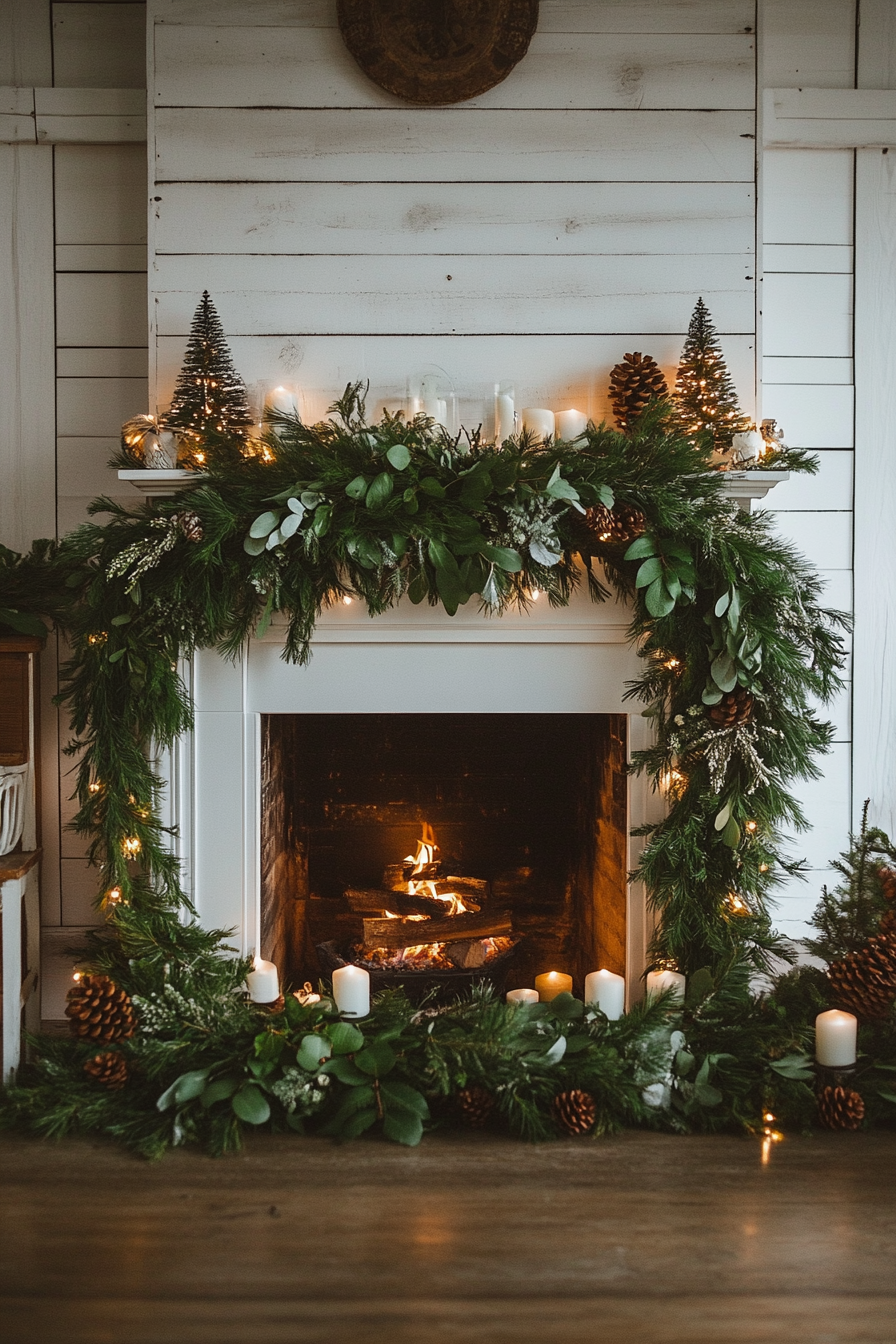 Winter Fireplace Decor with Green Garland and Lights