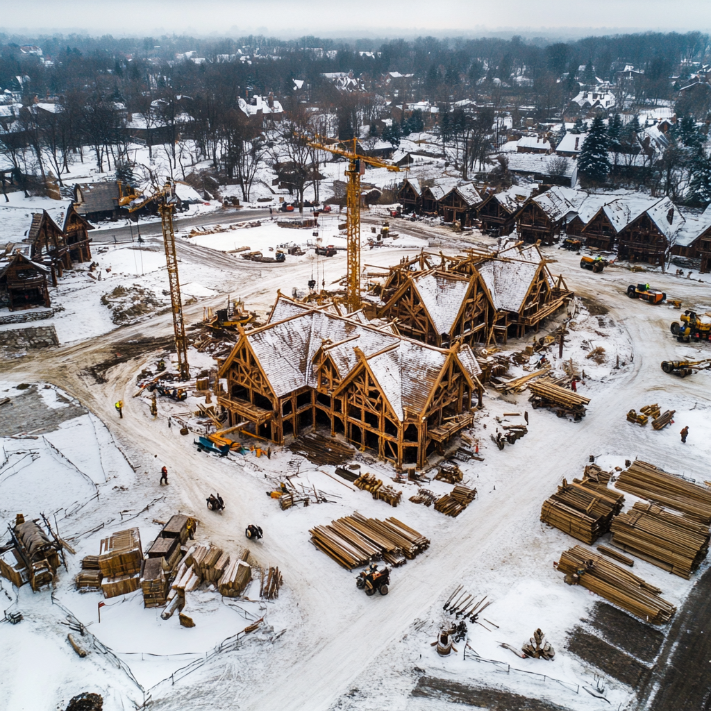 Winter Viking Hall surrounded by construction site