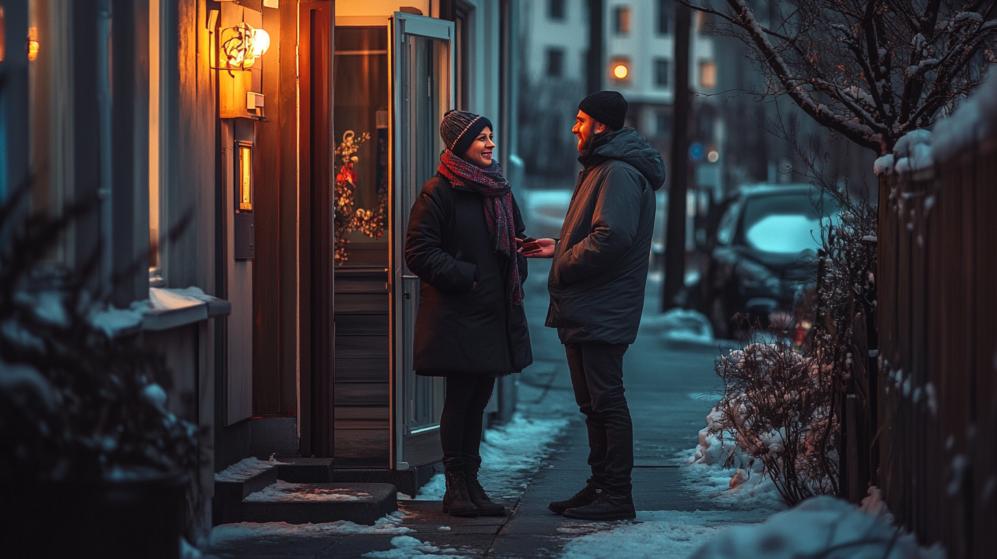 Winter chat: Woman and man discuss sidewalk evening.