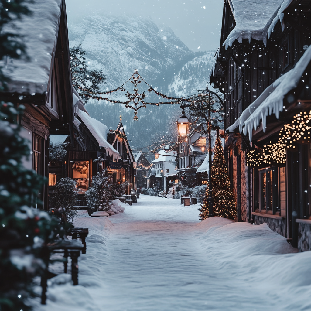 Winter fairy tale village at dusk with snowy streets